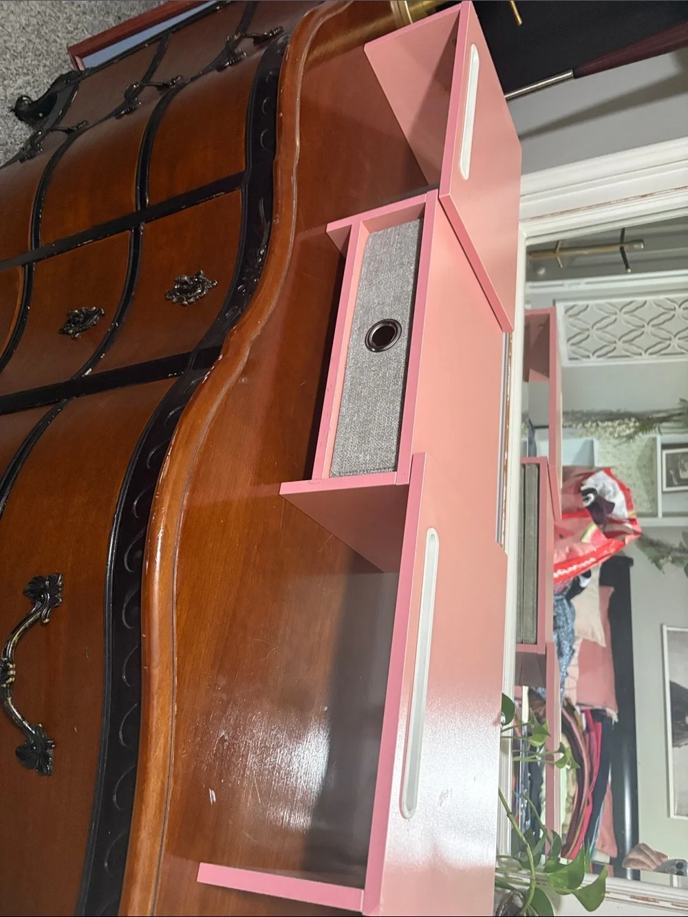 Pink Storage Drawer Organizer with Gray Fabric Bin
